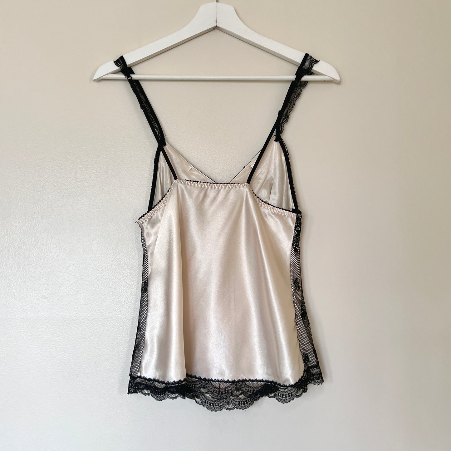 Vintage Cream Satin Camisole featuring Sheer Mesh with Floral Embroidery Details