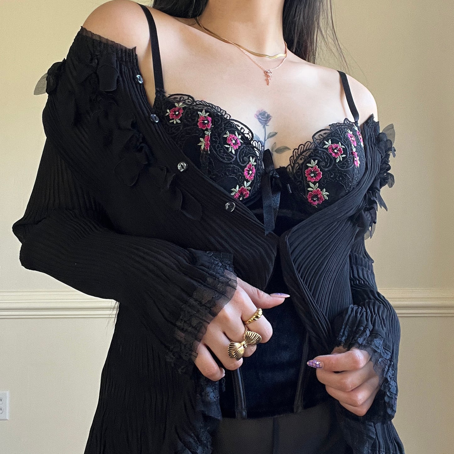 Crystal Pleated Blouse in Black featuring 3D Floral