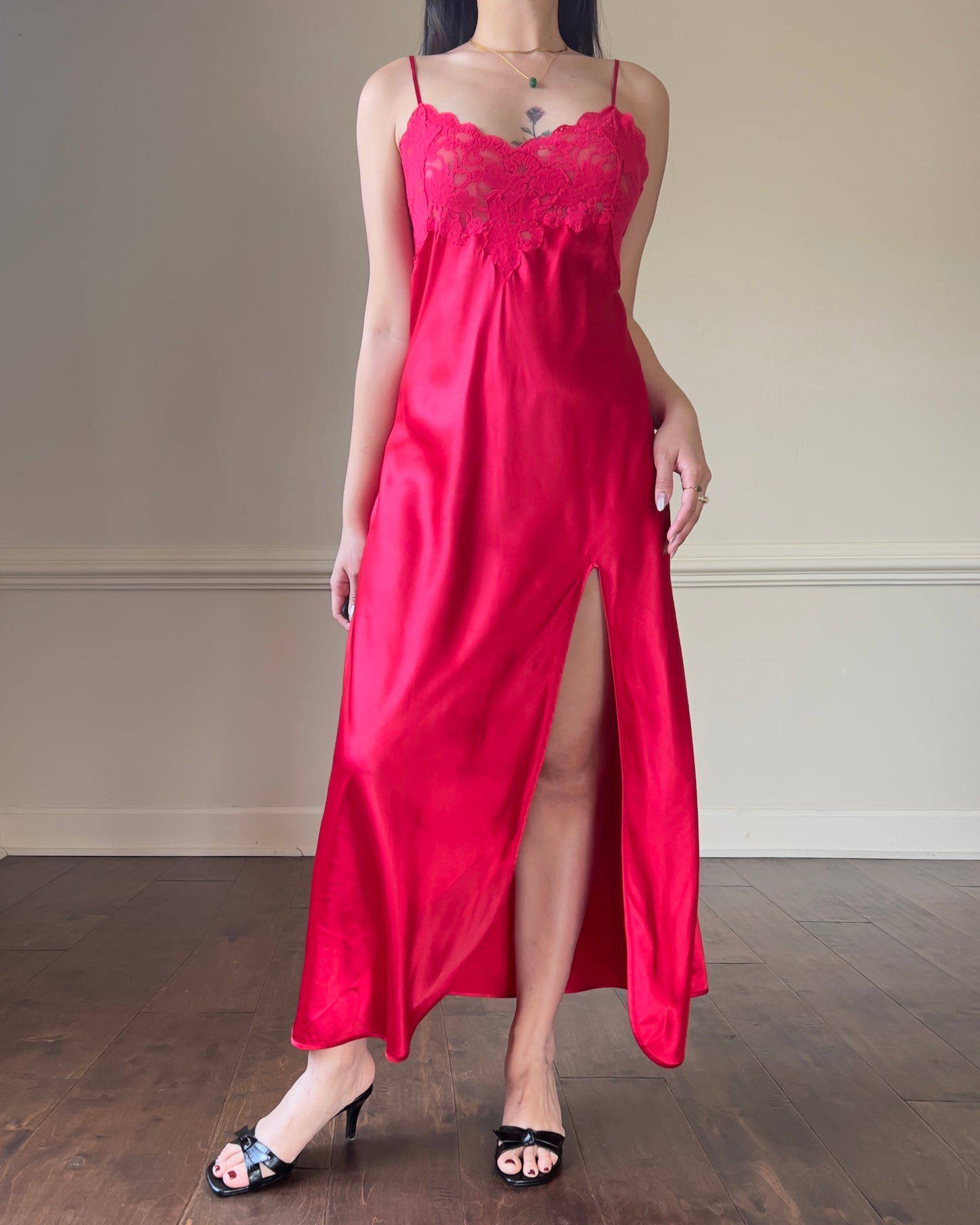 Vintage Victoria’s Secret Y2k Red Maxi Slip Dress featuring Rosette Lace Embroidery Bustier