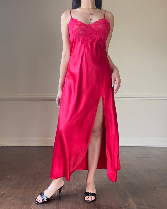 Vintage Victoria’s Secret Y2k Red Maxi Slip Dress featuring Rosette Lace Embroidery Bustier