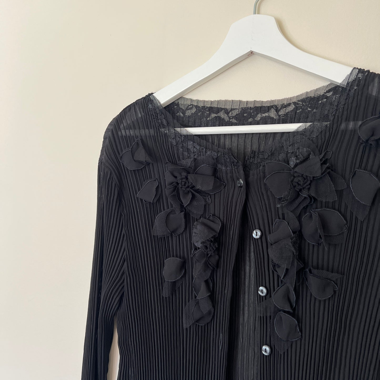 Crystal Pleated Blouse in Black featuring 3D Floral
