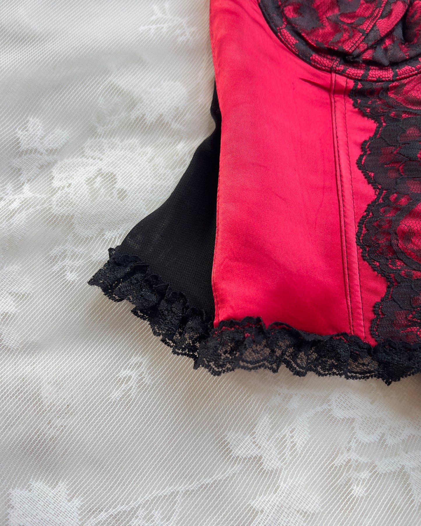 Frederick’s Strapless Cropped Satin Bustier Corset featuring Lace Embroidery