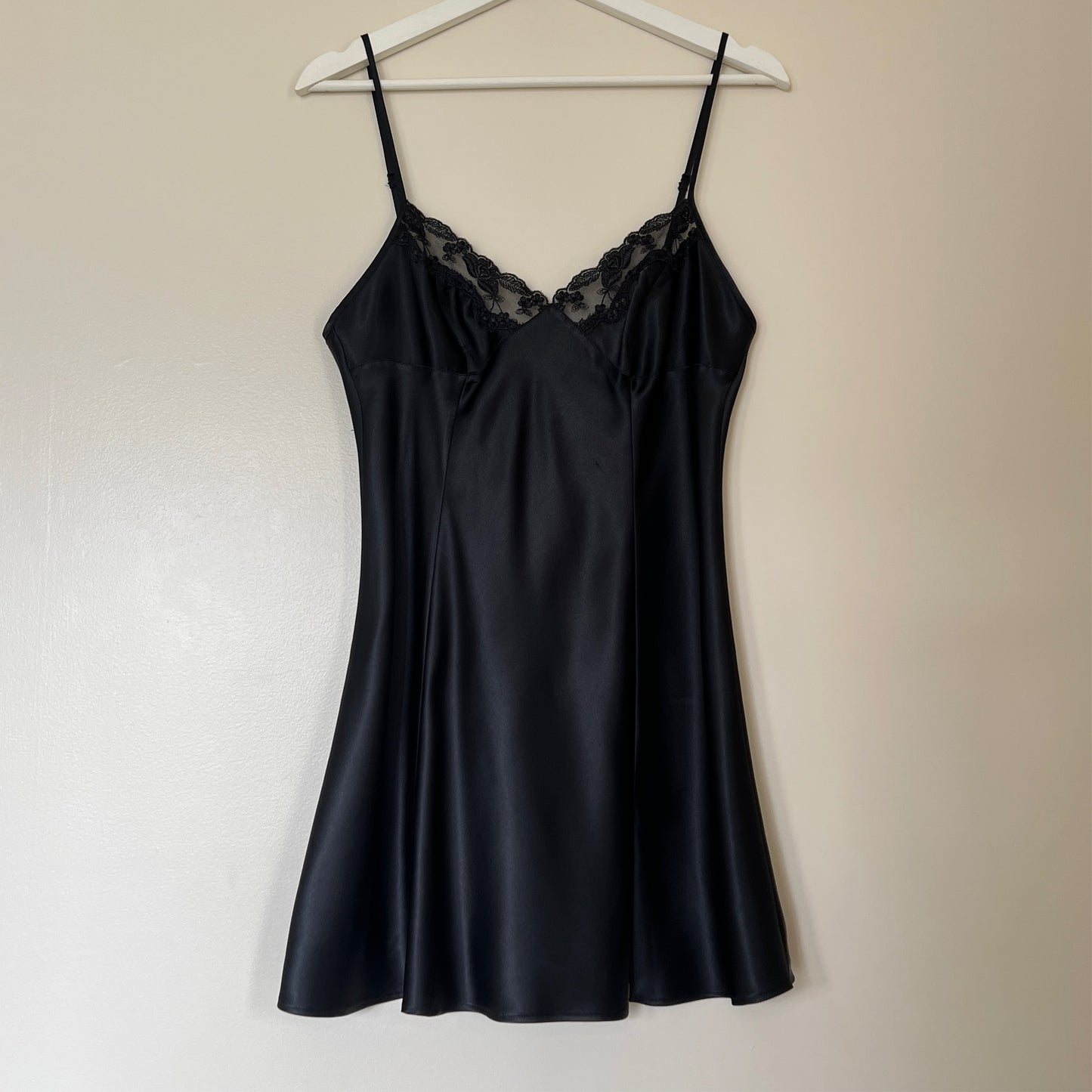 Victoria’s Secret Black Satin Slip Dress featuring Sheer Roses Lace