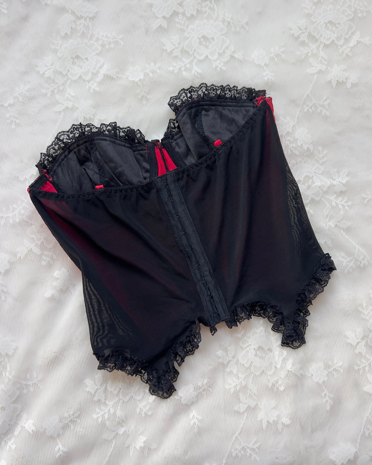 Frederick’s Strapless Cropped Satin Bustier Corset featuring Lace Embroidery