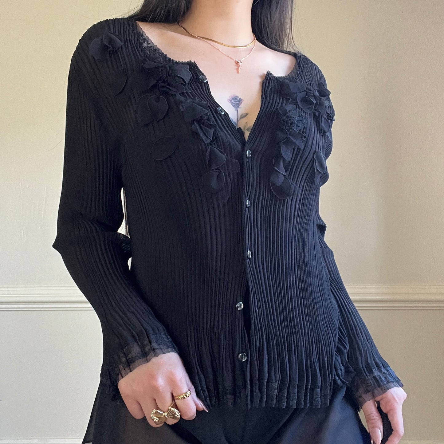 Crystal Pleated Blouse in Black featuring 3D Floral