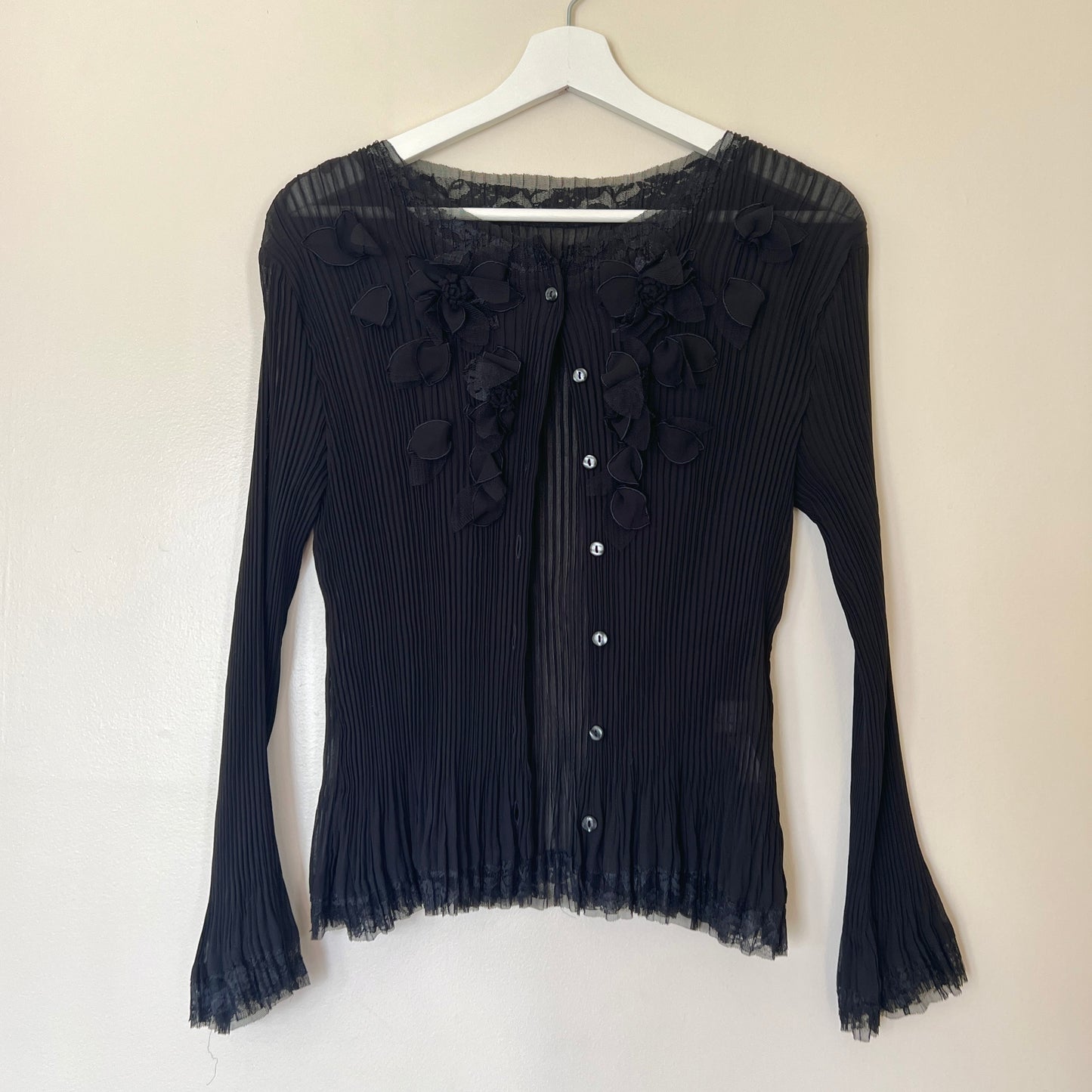Crystal Pleated Blouse in Black featuring 3D Floral
