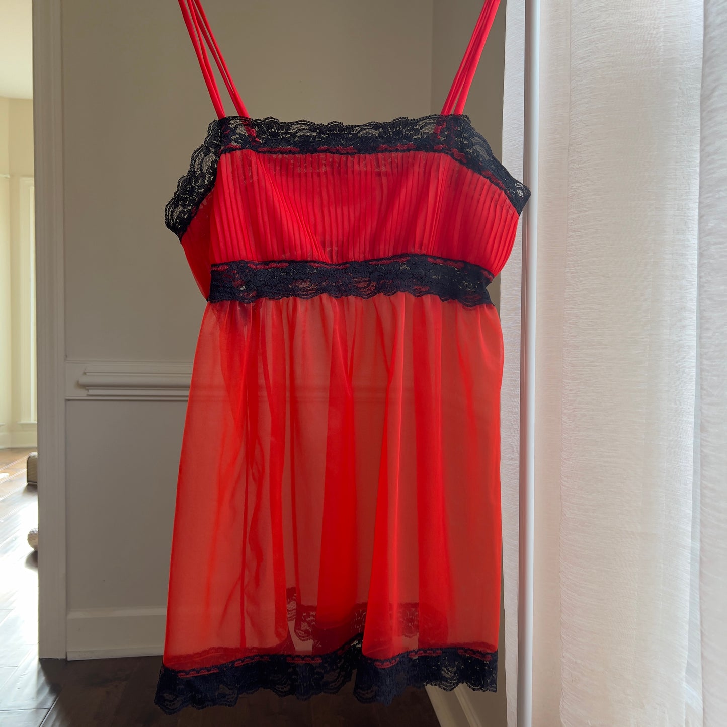 Red Sheer Chiffon Camisole featuring Black Floral Lace