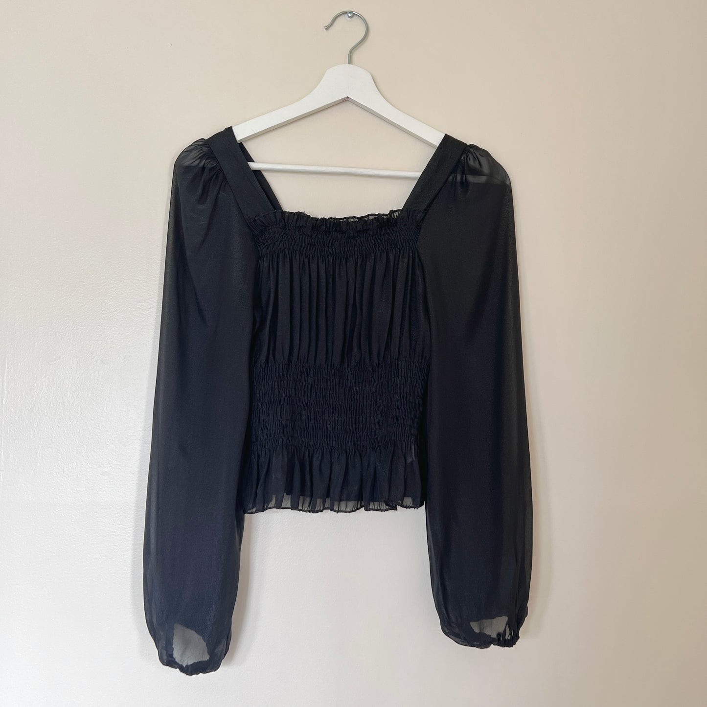 Sheer Black Organza Cropped Top featuring Pleated Fabric