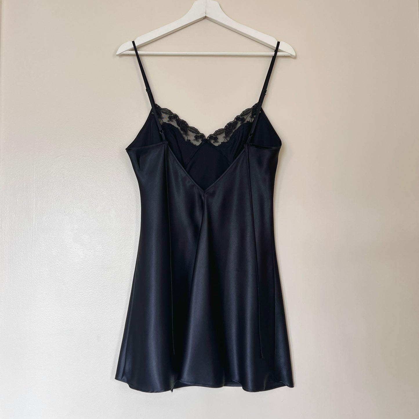 Victoria’s Secret Black Satin Slip Dress featuring Sheer Roses Lace