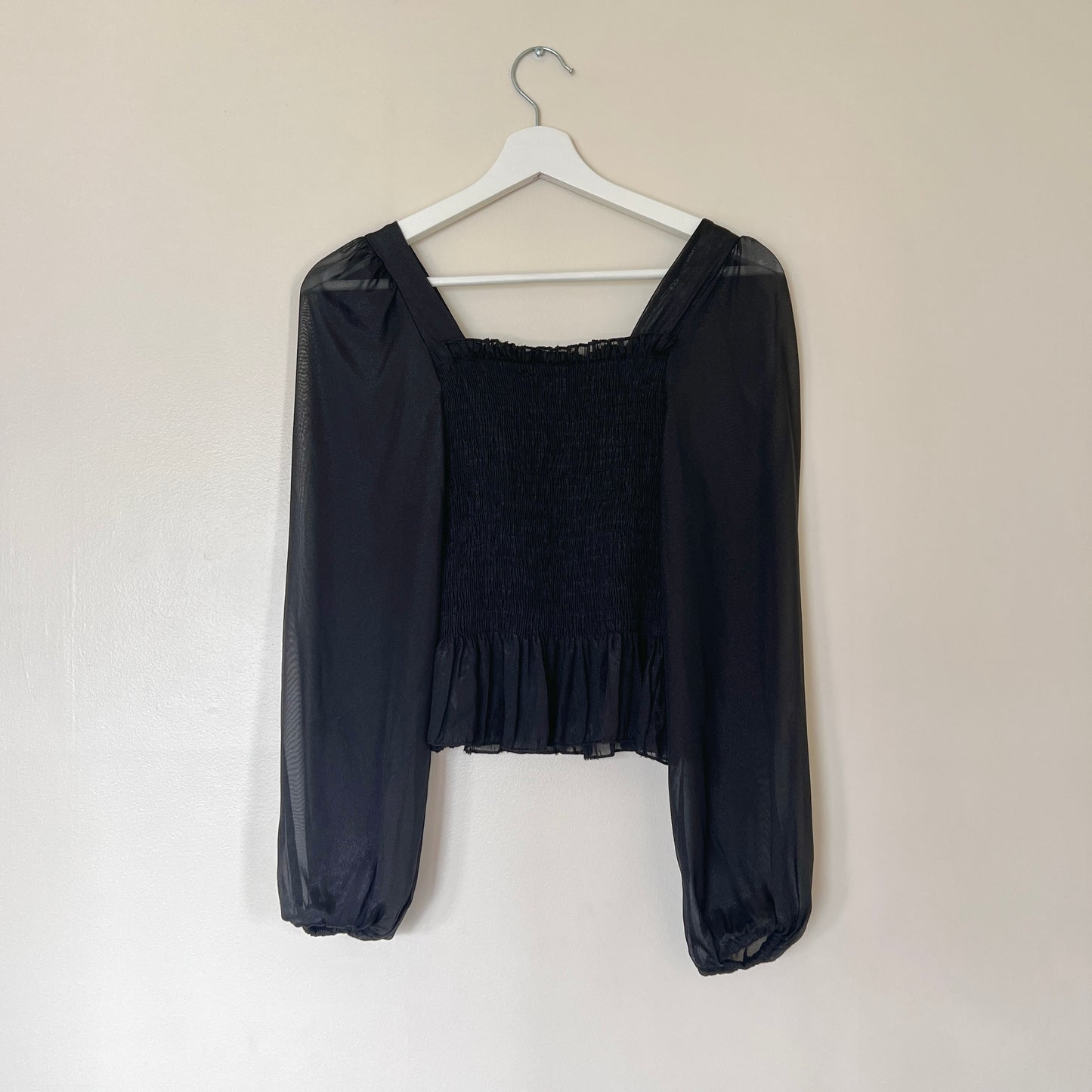 Sheer Black Organza Cropped Top featuring Pleated Fabric