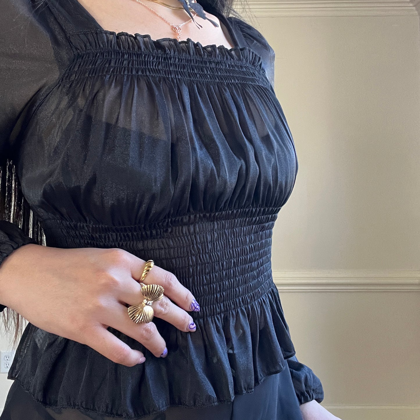 Sheer Black Organza Cropped Top featuring Pleated Fabric