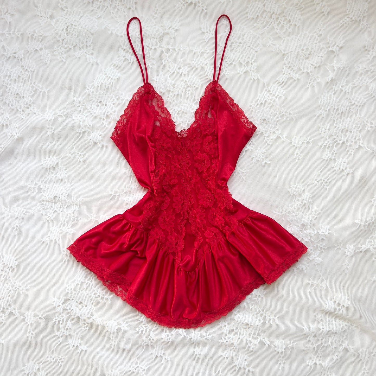 True Red Camisole featuring Delicate Rose Lace at Bodice