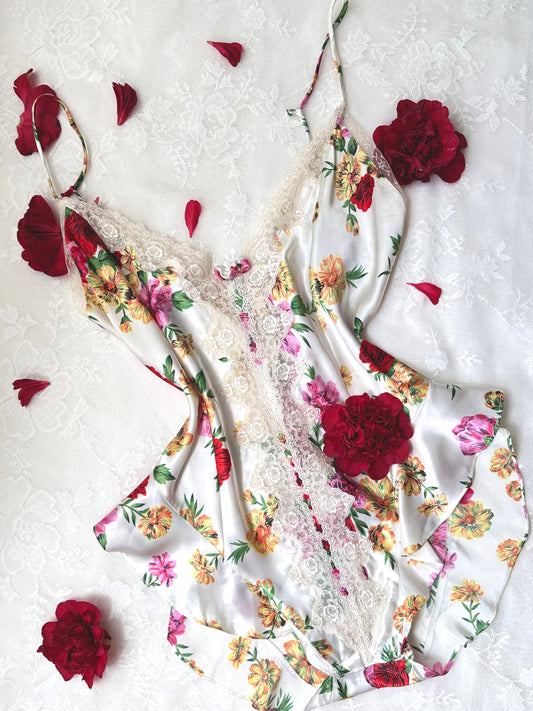 Victoria’s Secret’s Feminine Satin Bodysuit featuring Vibrant Floral Prints