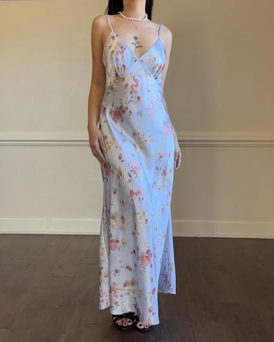 Satin Pastel Floral Print Maxi Dress