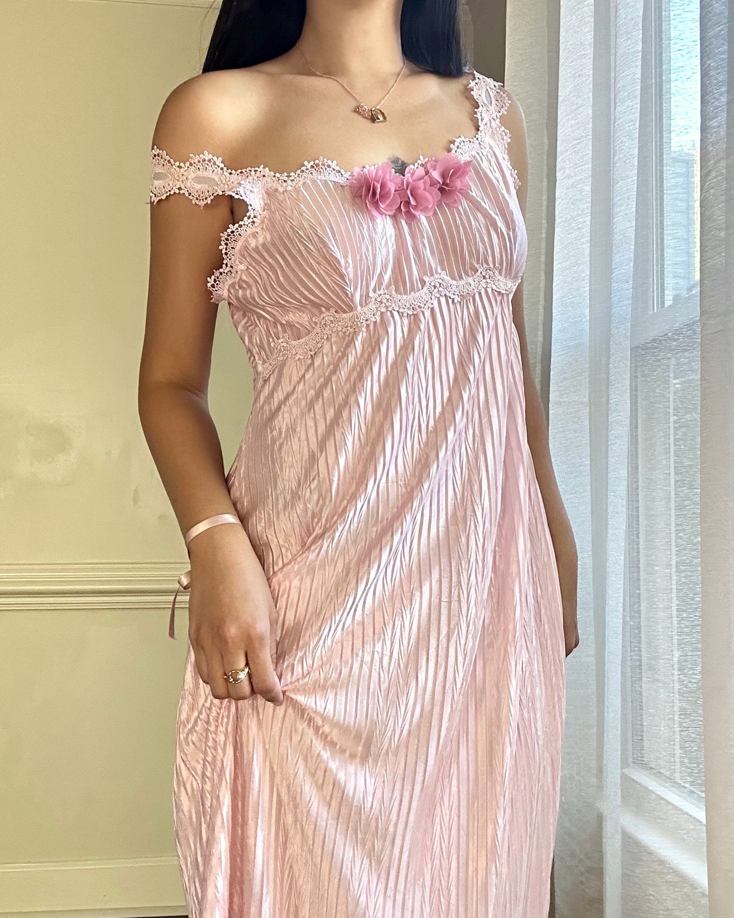 Vintage 90's Candy Midi Dress featuring Peony Adorned with Embroidery Details