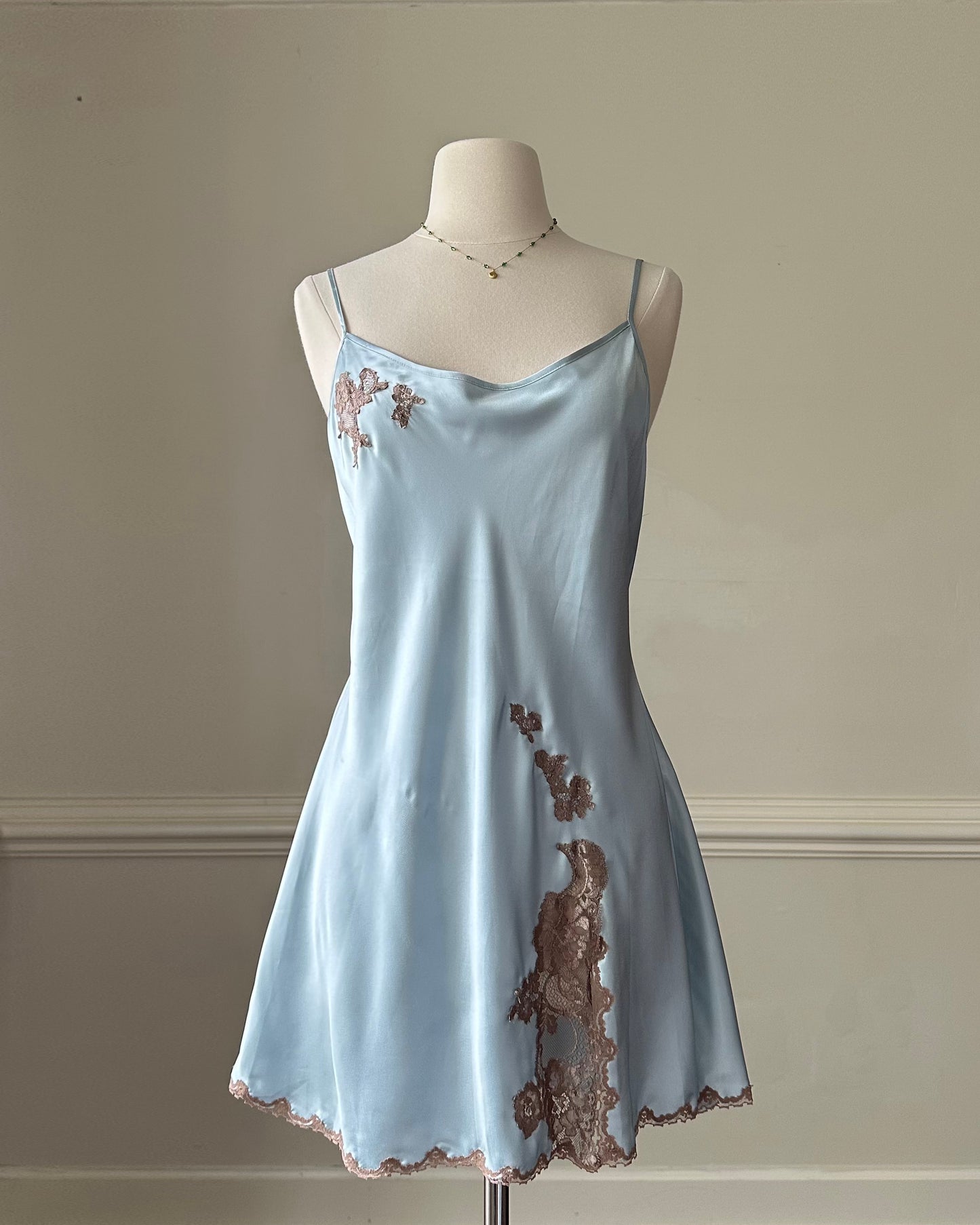 Victoria’s Secret satin soft blue slip dress featuring intricate lace embroidered