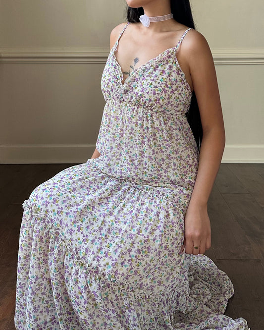 Vintage Soft White Maxi Dress featuring Ditsy Floral Prints