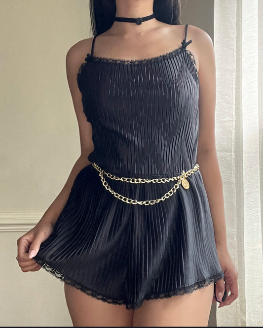 Teddy Romper in Satin Black featuring Geometric Pleating Patterns Laced Lining