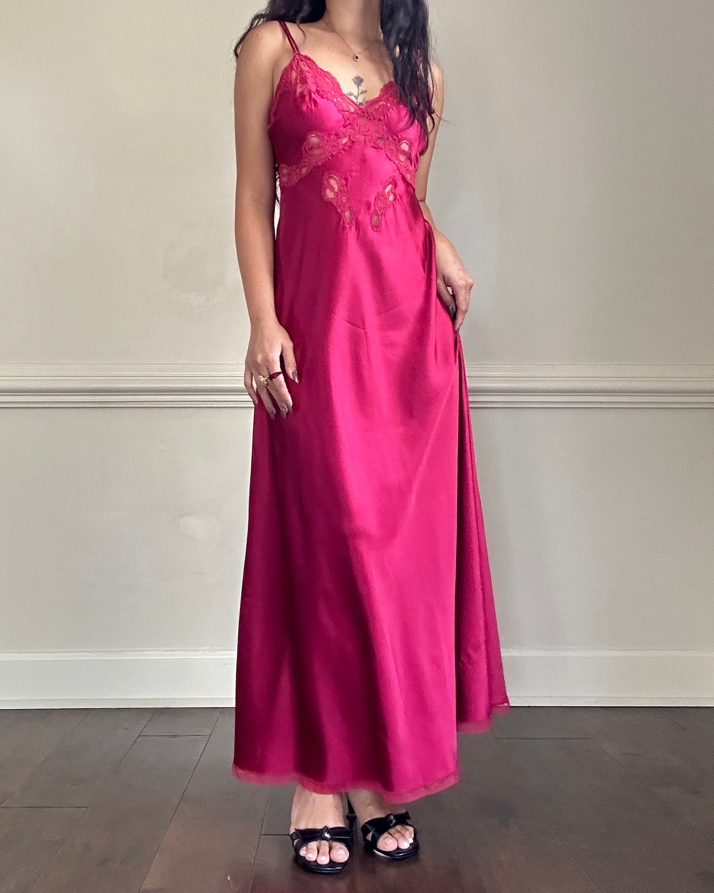 Vintage Dior maroon satin maxi dress featuring paisley embroidery bust