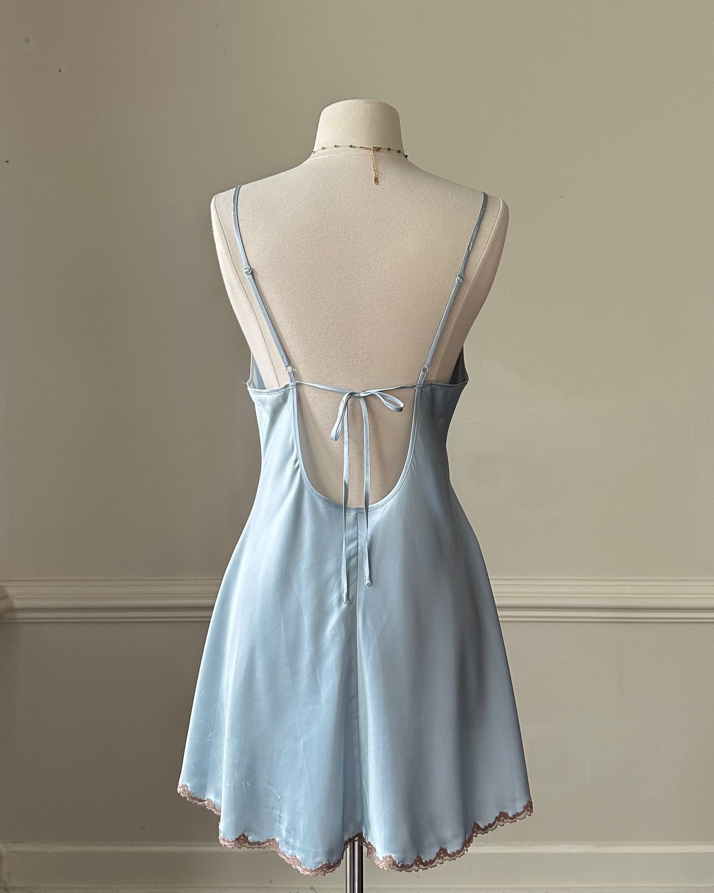 Victoria’s Secret satin soft blue slip dress featuring intricate lace embroidered