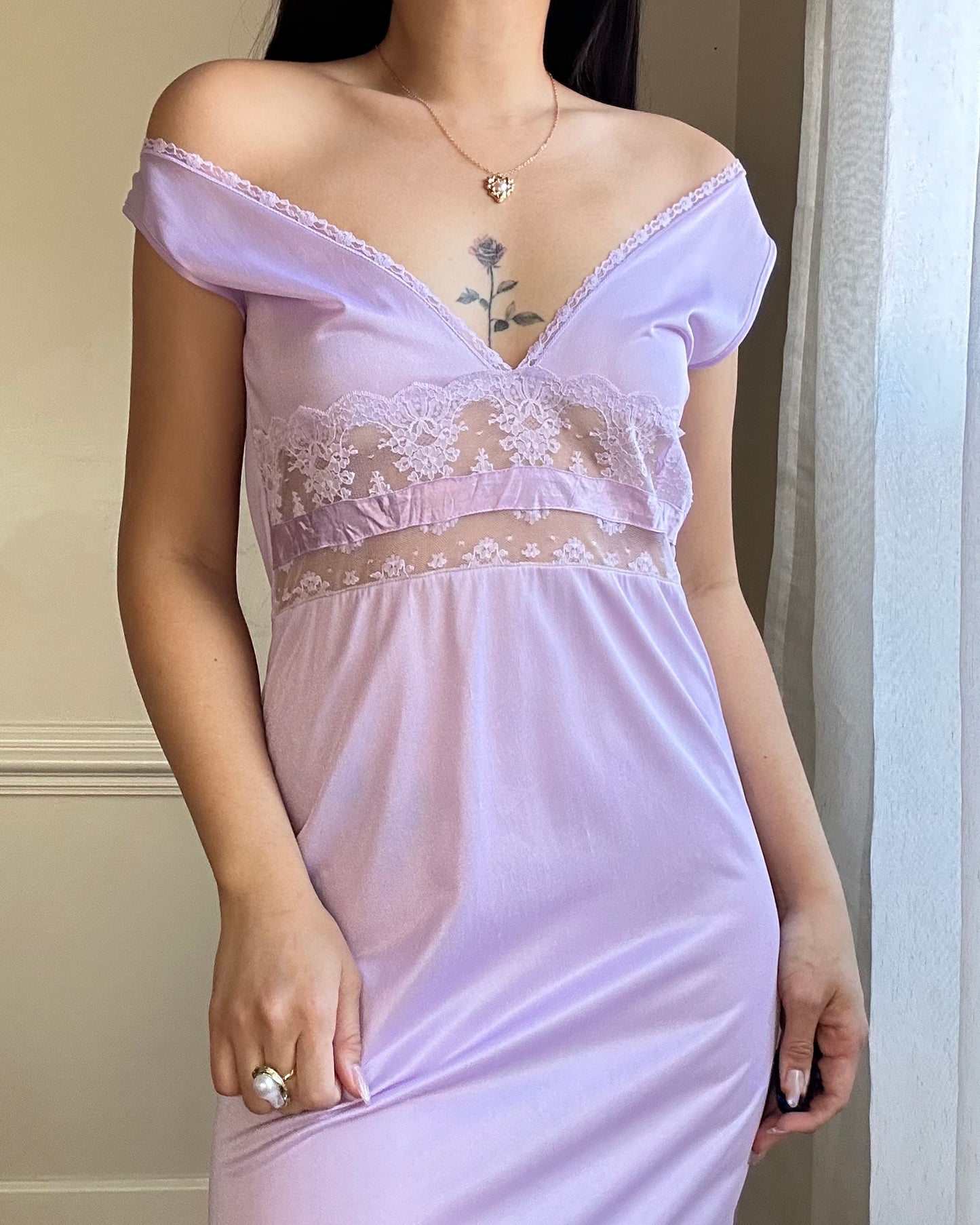 Vintage Soft Orchid Maxi Slip Dress featuring Intricate Lace Cutout