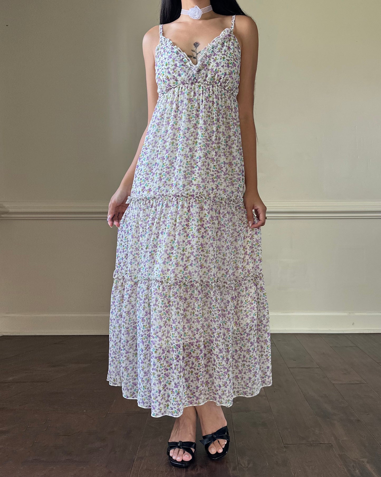 Vintage Soft White Maxi Dress featuring Ditsy Floral Prints