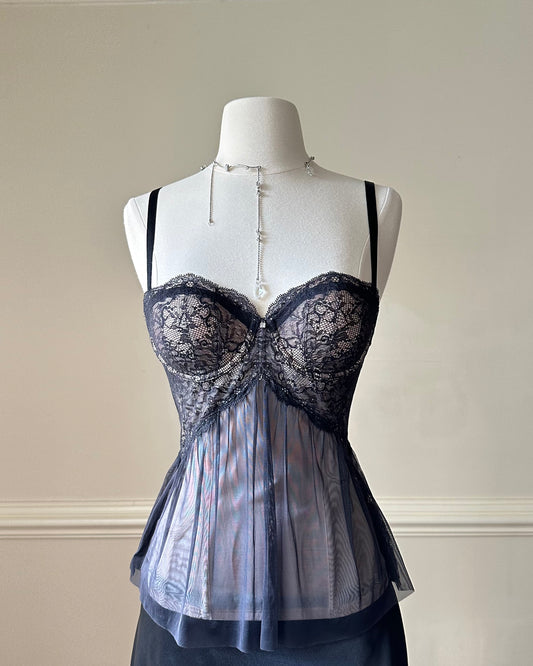 Vintage lace bustier corset featuring sheer mesh bodice cutout