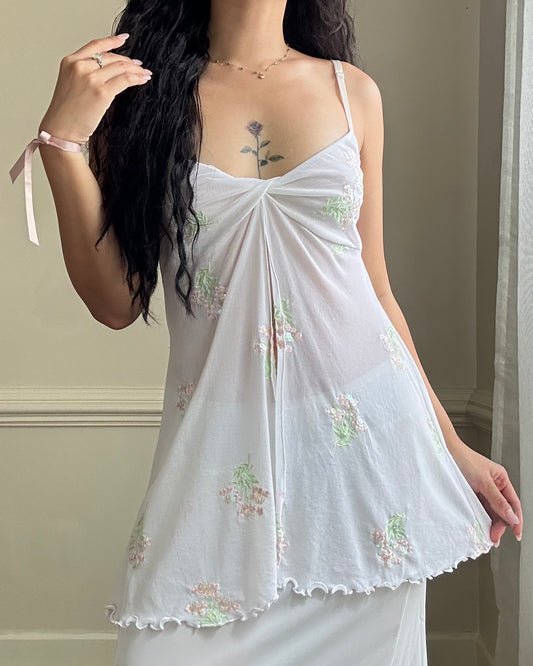 Victoria’s Secret sheer white open top featuring flower bouquets embroidery