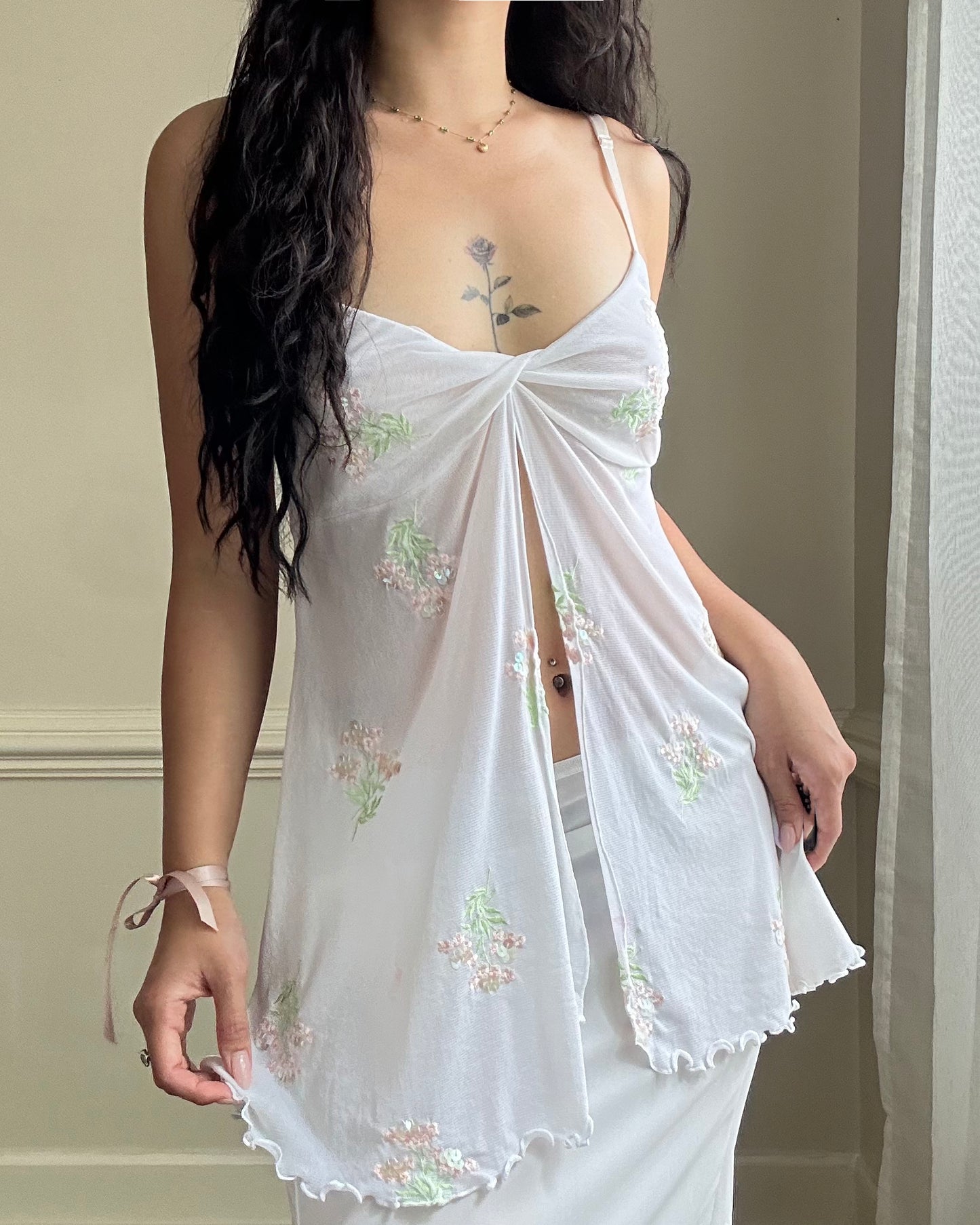 Victoria’s Secret sheer white open top featuring flower bouquets embroidery