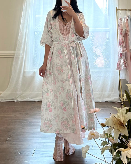 Vintage Barbizon Satin Robe featuring a Delicate Floral Print in Soft Pastel Colors