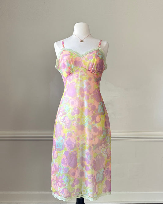Unique vibrant slip dress featuring watercolor floral pattern