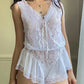 Sheer White Bodysuit featuring Delicate Sheer Lace Bodice with Flared Skirt