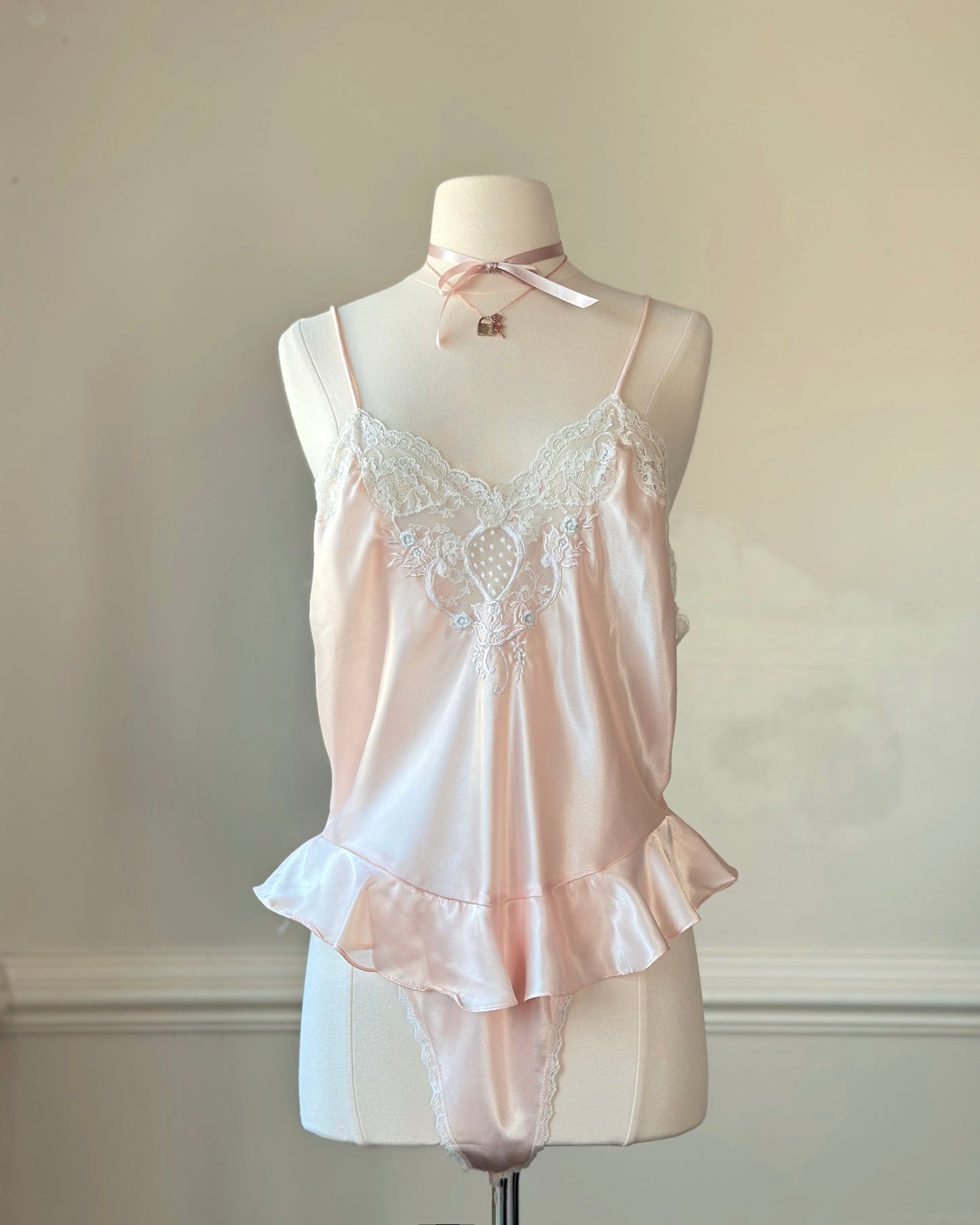 Vintage Sara Beth’s victorian inspired satin bodysuit in blush pink