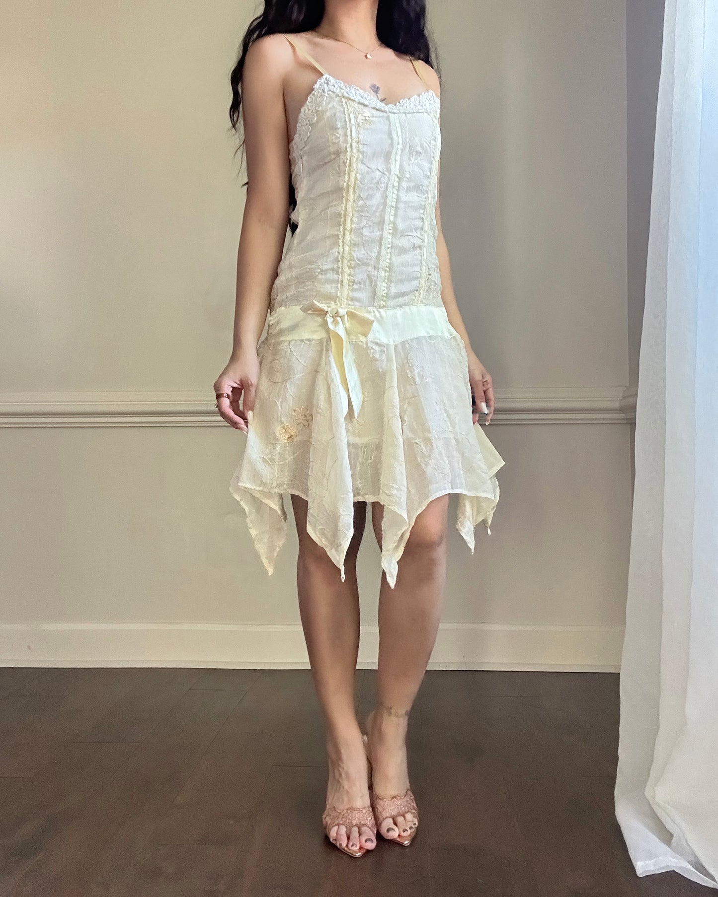 Vintage muslin cloth sundress featuring daisy embroidery details with fairy skirt