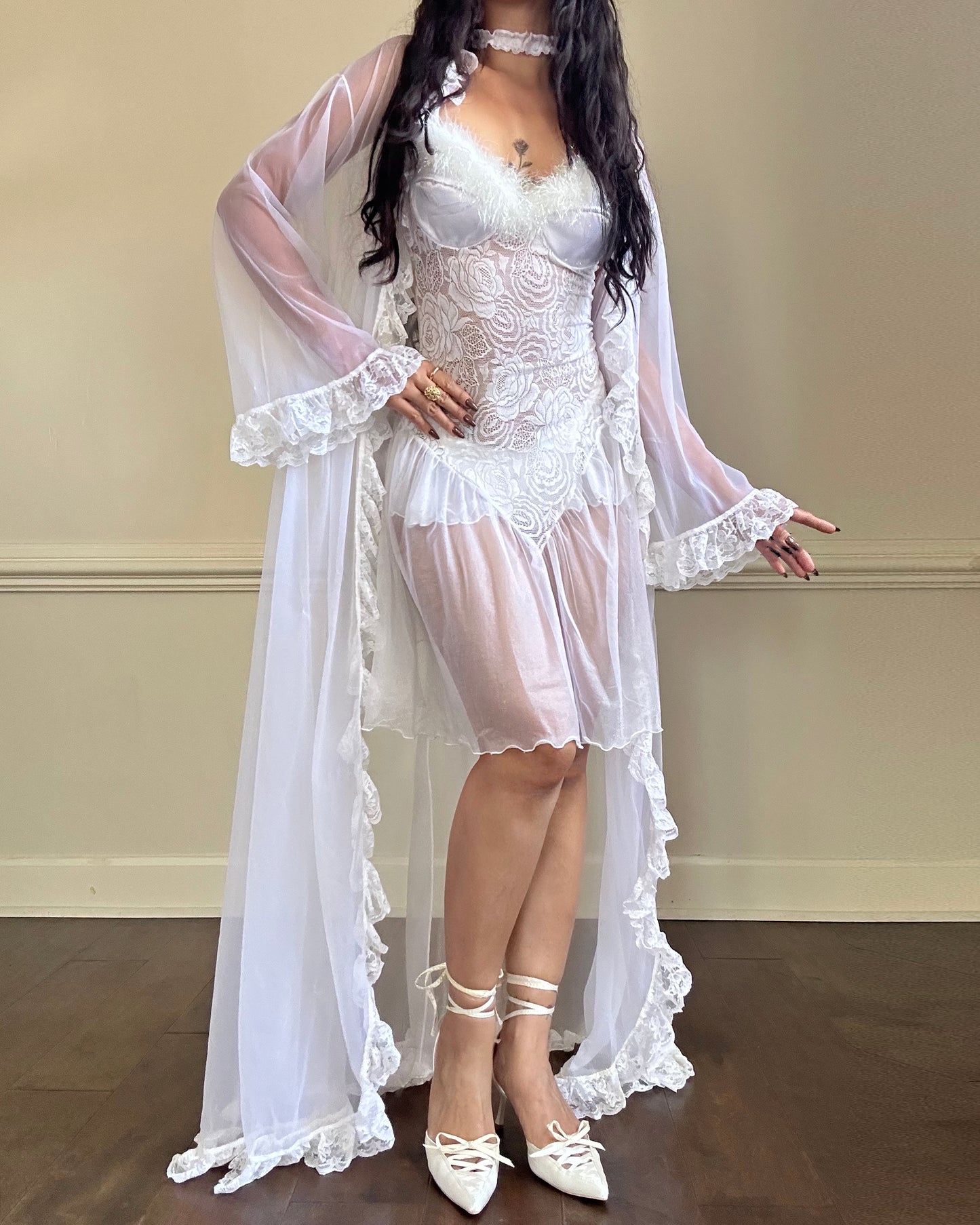 Sheer mesh maxi robe featuring floral embroidery ruffled sleeves and lining