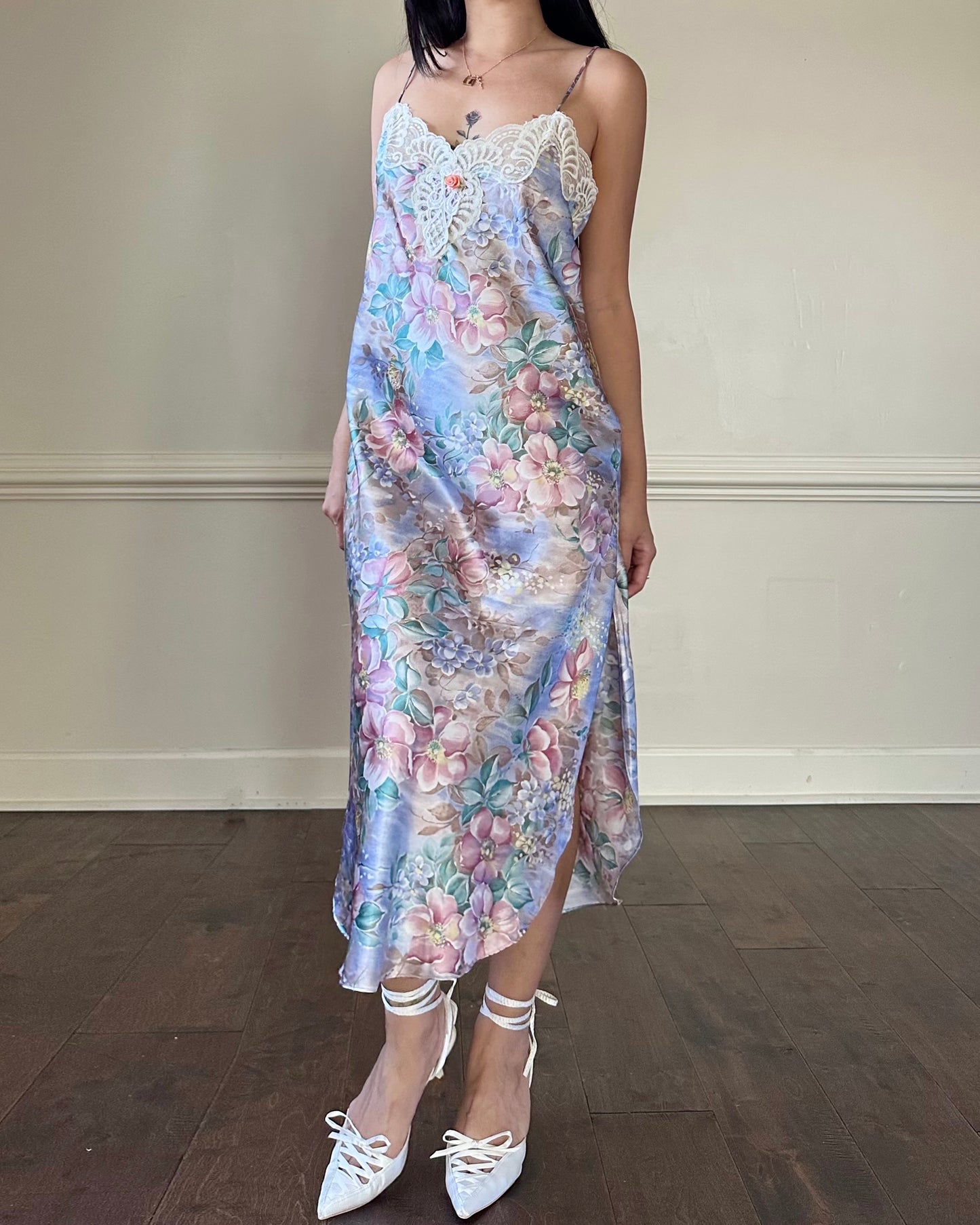 Beautiful Watercolor Satin Midi Slip Dress featuring Floral Garden Prints