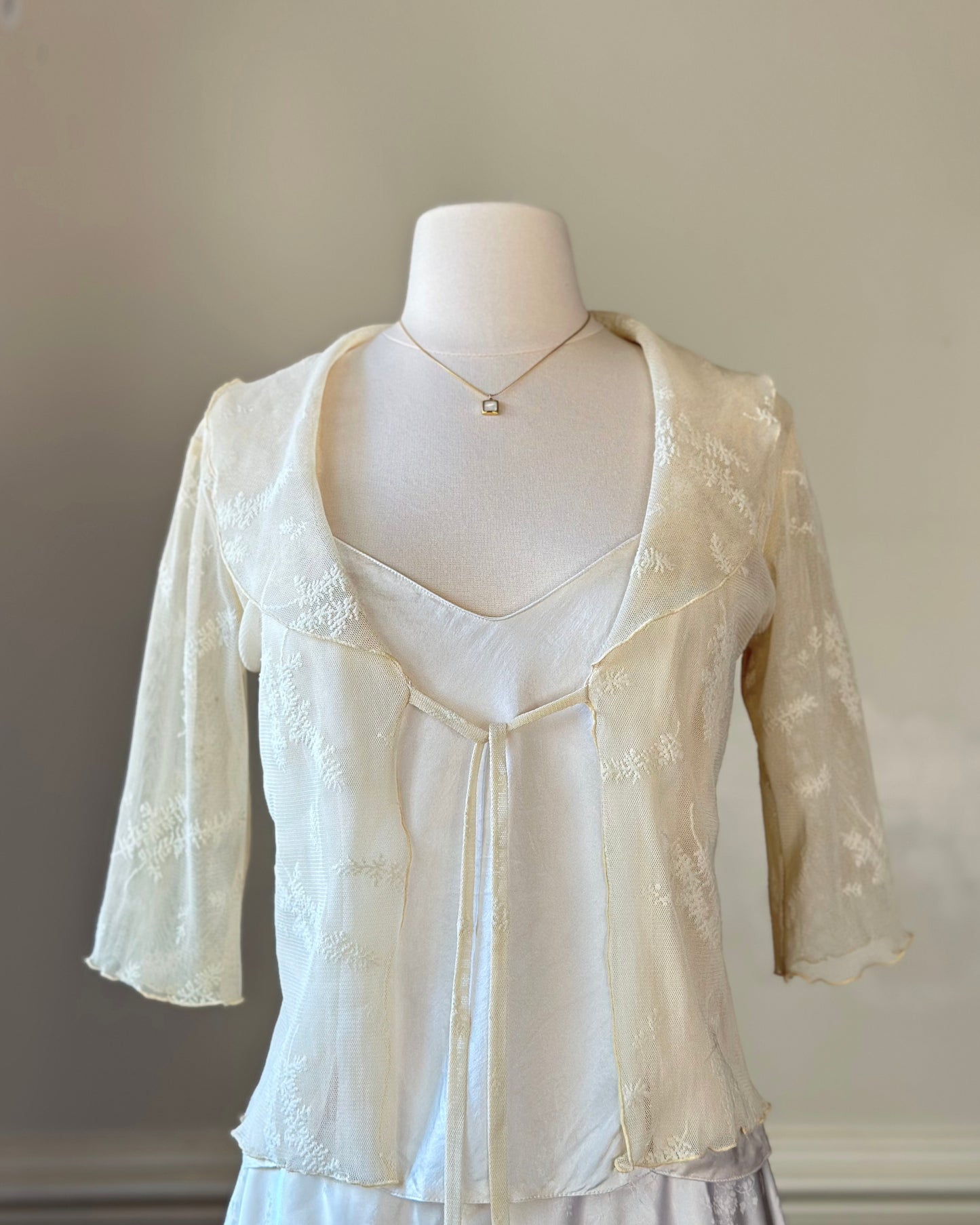 Vintage sheer cardigan featuring leaf embroidery on mesh with plater collar