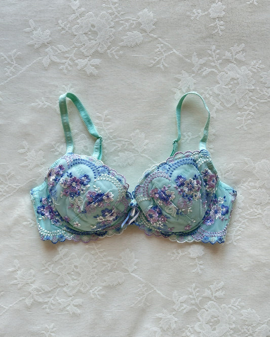 Turquoise blue Japanese brassiere featuring blue and lavender petite flowers embroidery