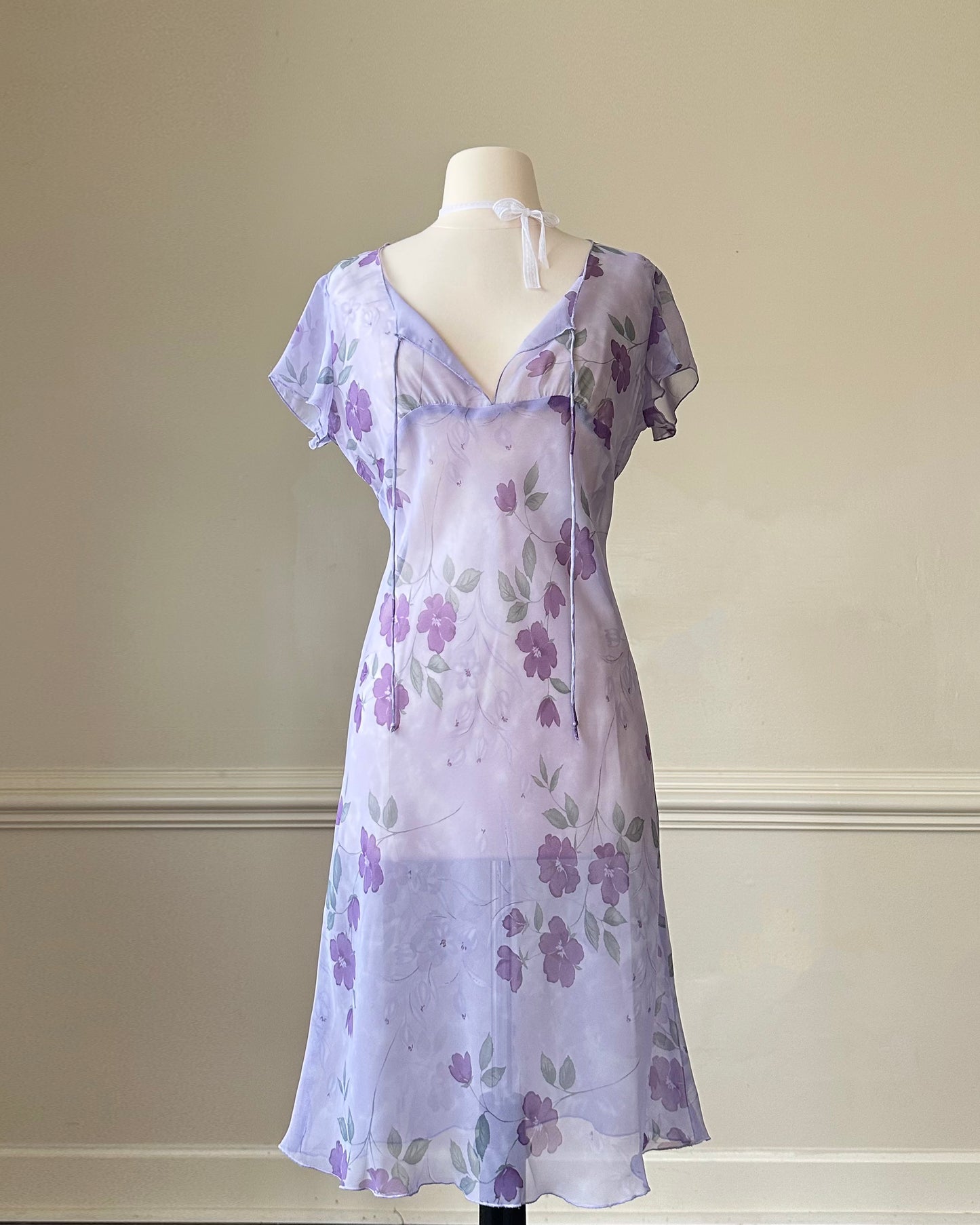 Stunning Vintage Sheer Purple Midi Dress featuring Watercolor Violet Prints