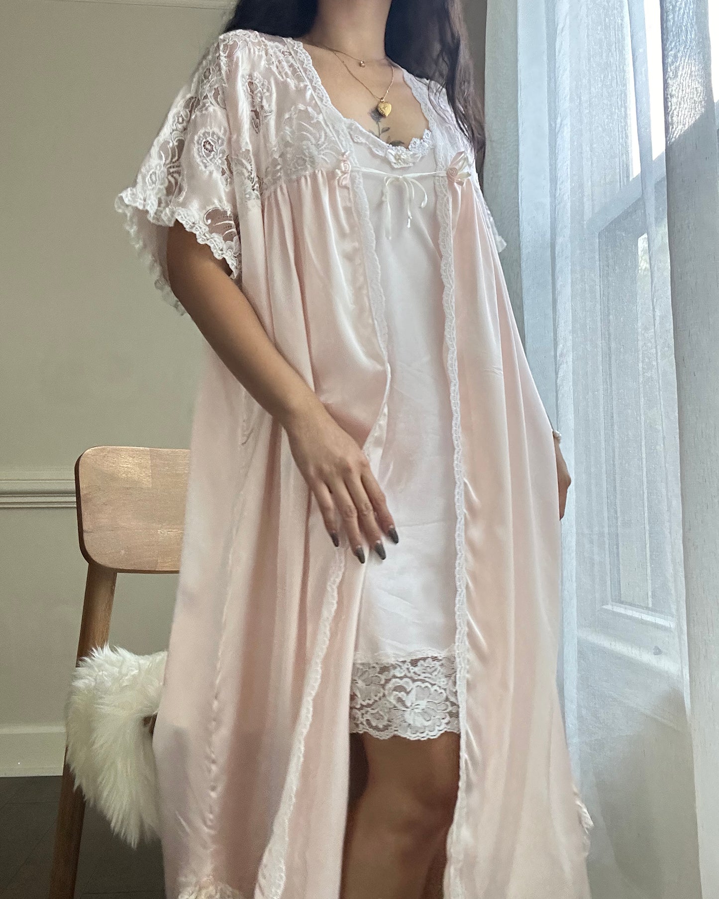 Vintage Dior Powder Pink Satin Robe featuring Brocade Lace Embroidery Sleeves