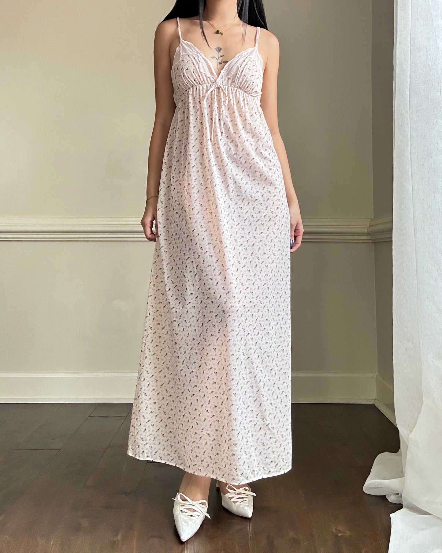 Vintage Maxi Dress featuring Ditsy Floral Prints on Sheer Blush Pink Fabric