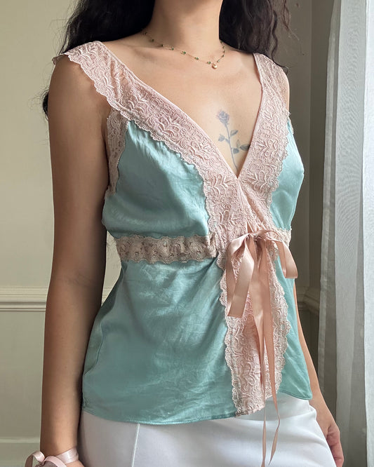 Oriental silk turquoise robe-like top featuring floral lace embroidery cutout