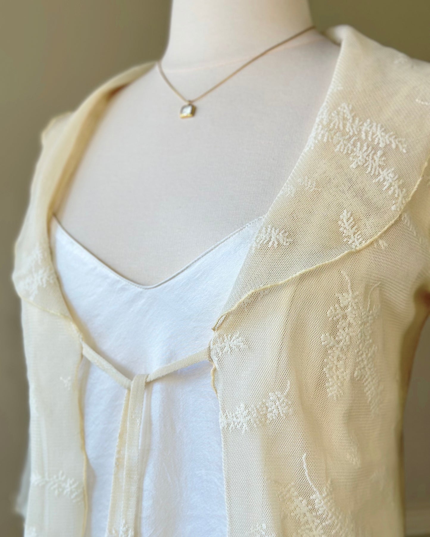 Vintage sheer cardigan featuring leaf embroidery on mesh with plater collar