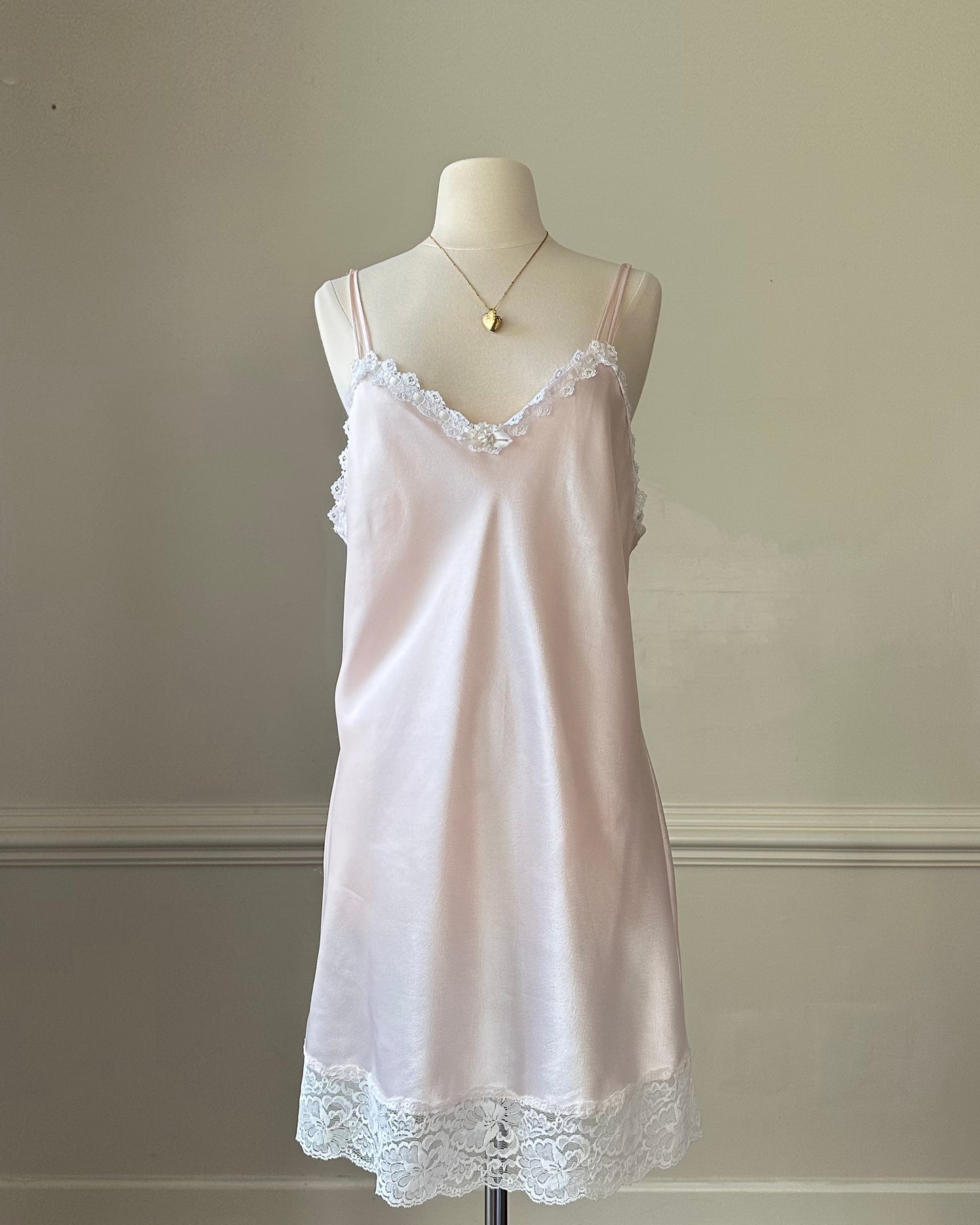 Vintage Dior Satin Powder Pink Slip Dress featuring Floral Embroidery Trimmings