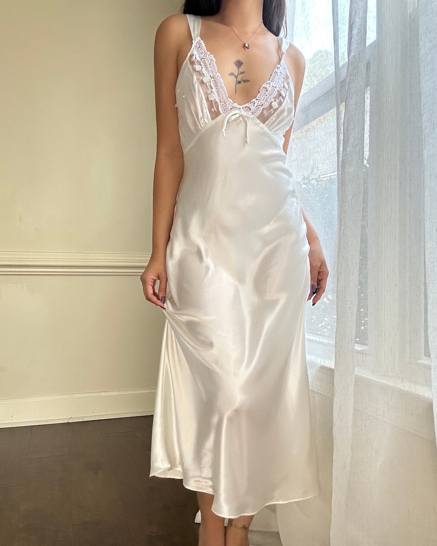 Sultry Satin Maxi Slip Dress featuring Lace Embroidery Lining