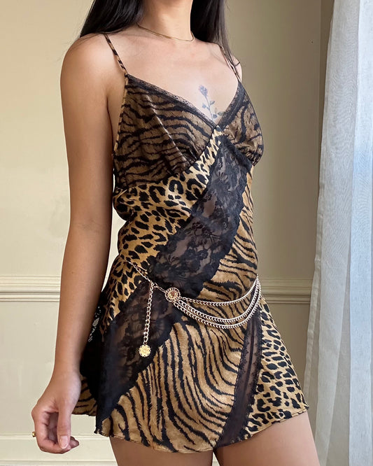 Victoria Secret’s Wild Animal Prints Slip Dress featuring Diagonal Sheer Lace Cutout