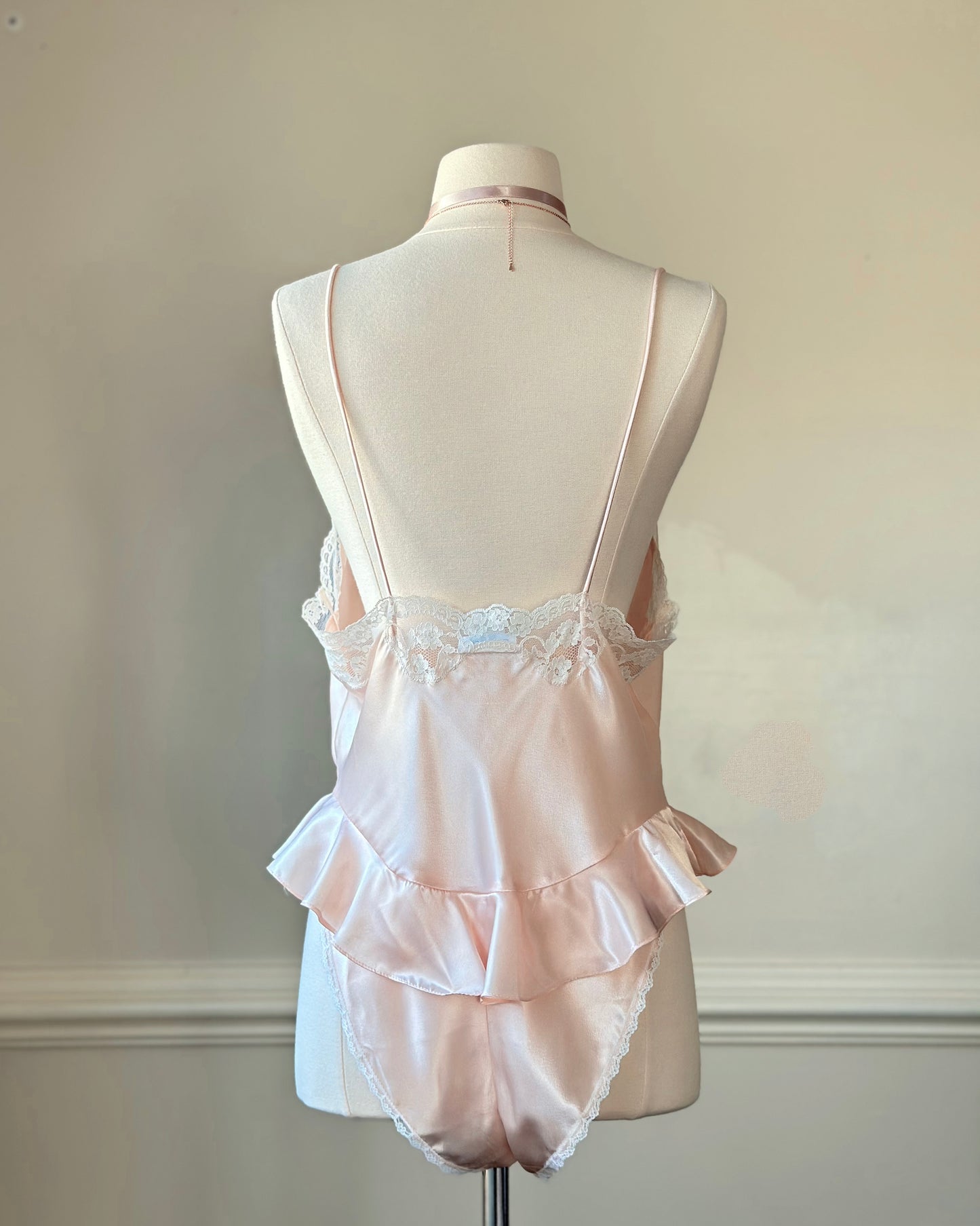 Vintage Sara Beth’s victorian inspired satin bodysuit in blush pink