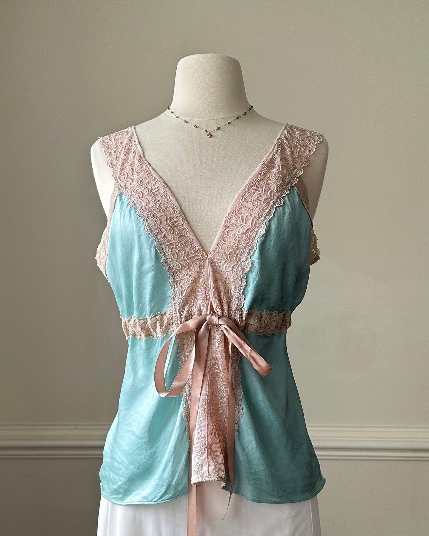 Oriental silk turquoise robe-like top featuring floral lace embroidery cutout