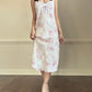 Vintage ivory satin slip dress with a bold pastel floral print