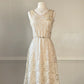 Vintage embroidery in warm beige midi dress featuring floral embroidery